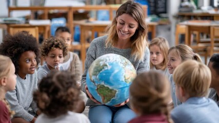 Children engage in learning about geography with a smiling teacher during a classroom session - Powered by Adobe