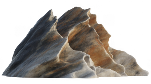 Jagged rock formations with layered textures and earthy tones isolated on a transparent background
