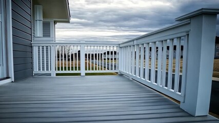 A modern porch offers a clean and welcoming space, featuring a spacious layout against a dramatic overcast sky above