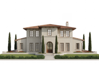 Large stucco house with red tile roof and arched entryway isolated on a transparent background