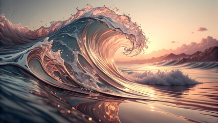 Majestic Ocean Wave Crashing at Sunset with Golden Light and Sea Foam water