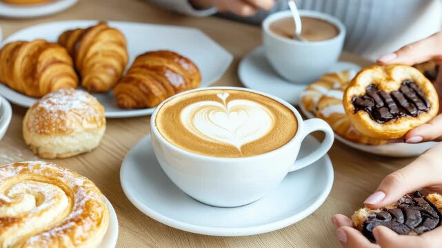 Warm cup of coffee surrounded by delicious pastries creates a perfect start to the day in a relaxed atmosphere - Powered by Adobe