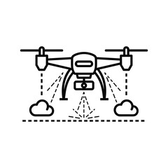 Drone with camera transmitting data to cloud network line icon
