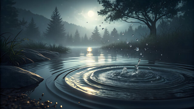 Moonlit Forest Lake with Ripples and Falling Water Drops nature moonlight - Powered by Adobe