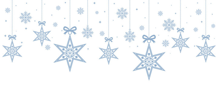 Elegant Christmas header or banner design featuring a festive border of large and small hanging  blue star ornaments, accented with snowflakes. 