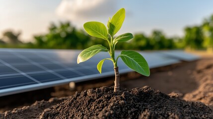 Young plant growing beside solar panels in a sunny field setting