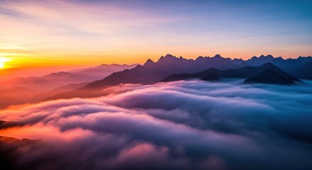 A breathtaking sunrise over a sea of clouds with majestic mountains