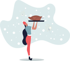 A woman in New Year's clothing holds a tray with roast chicken or turkey.