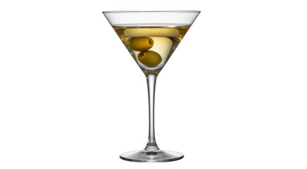 Martini cocktail with two olives in a clear glass isolated on a transparent background