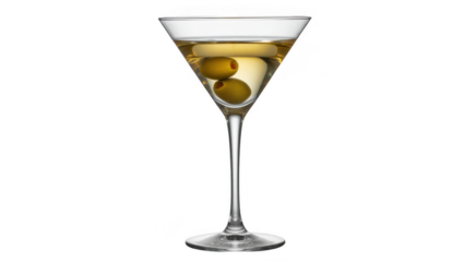Martini cocktail with two olives in a clear glass isolated on a transparent background