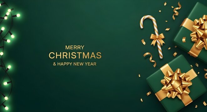 Christmas and new year greeting with golden text, green gift boxes, lights, candy cane, and confetti on a green background