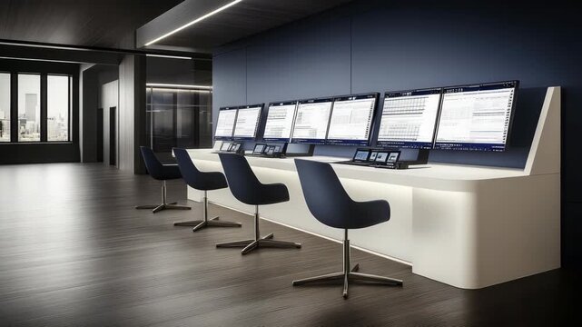 Sleek office space designed for teamwork with multiple high-tech screens and ergonomic seating, promoting productivity