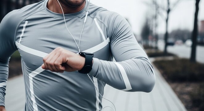 Man in compression clothing looking at his wrist, representing wearable technology and physical performance control - Powered by Adobe
