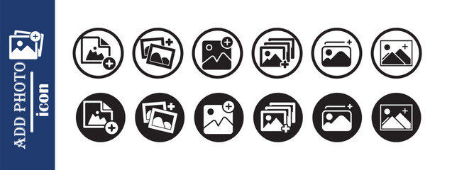 Add photo icon set for gallery image pictures in black circular background for user interface elements