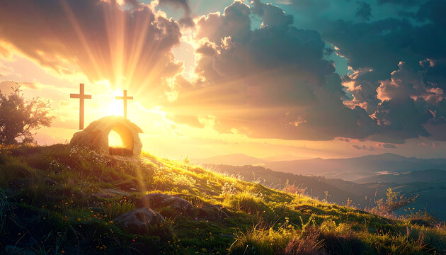 Resurrection Morning Landscape &ndash; Empty Tomb and Cross with Glorious Sunrise