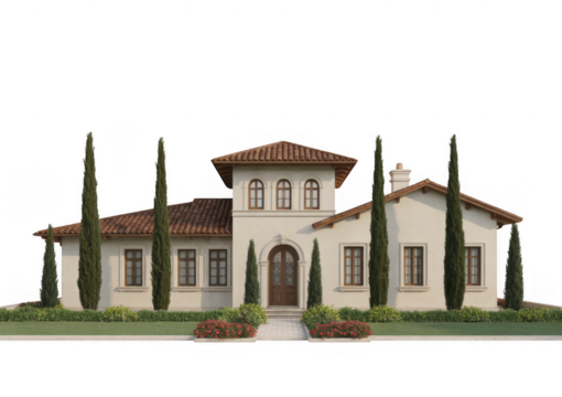 Mediterranean style villa with terracotta roof and cypress trees isolated on a transparent background