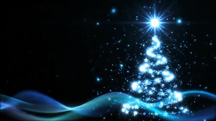 Sparkling Blue Christmas Tree with Swirling Lights and Stars on Black Background with copy space suitable for Christmas celebration background