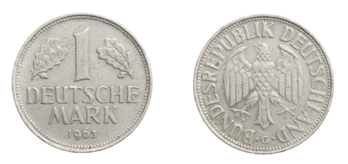 one germany mark coin on a white isolated background