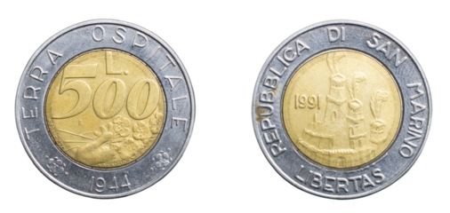 five hundred san marino lira coin on a white isolated background