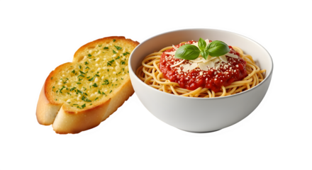 Spaghetti with tomato sauce and garlic bread isolated on transparent background