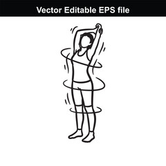 Woman stretching arms up with circular motion lines, vector illustration, isolated on white background