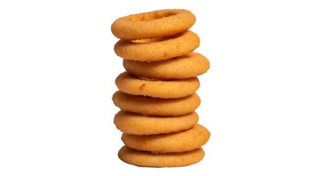Stack of crispy golden fried onion rings, a popular snack, isolated on transparent background