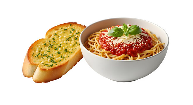 Spaghetti with tomato sauce and garlic bread isolated on transparent background