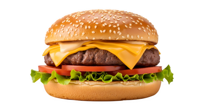 Classic cheeseburger with melted cheese, fresh lettuce, and tomato, isolated on transparent background - Powered by Adobe