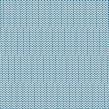 A seamless vector pattern imitating the texture of a knitted sweater. Repeating stitches create a dense and neat design. The color scheme consists of a white background and turquoise-blue stitches