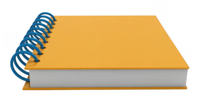 Orange spiral bound notebook with blue rings and white pages isolated on a transparent background