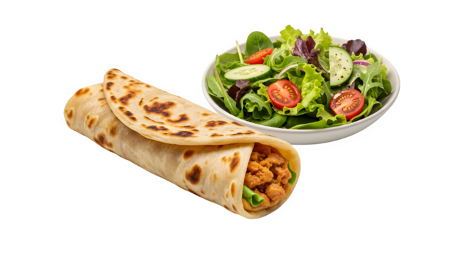 Delicious chicken wrap with a fresh green salad, isolated on transparent background