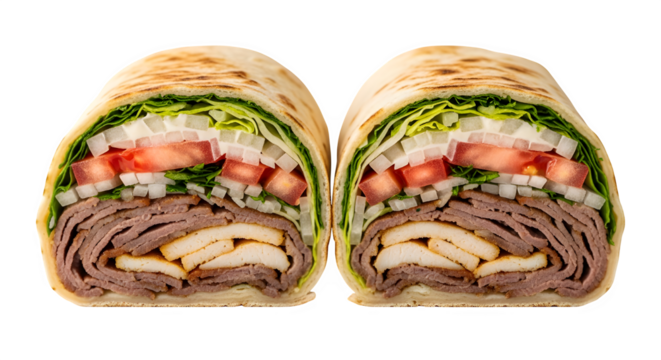 Delicious roast beef and chicken wrap cut in half, showing layers of fresh ingredients, isolated on transparent background - Powered by Adobe