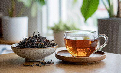 Glass Cup of Amber Tea Next to Bowl of Dried Tea Leaves on Wooden Surface hot drink.