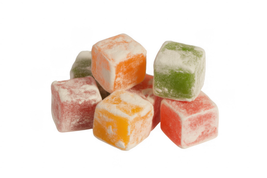 Pile of colorful Turkish delight cubes dusted with powdered sugar isolated on a transparent background
