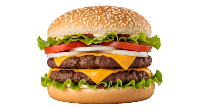 Delicious double cheeseburger with fresh vegetables and melted cheese, isolated on transparent background - Powered by Adobe