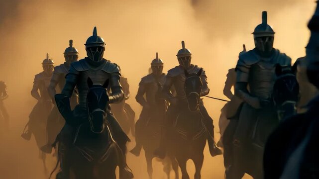 Daring cavalry charge through dust clouds during a dramatic battle scene at sunset