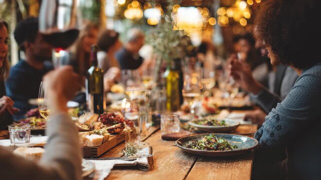 Gathering of friends enjoying a festive meal together in a warm, inviting restaurant setting during the evening