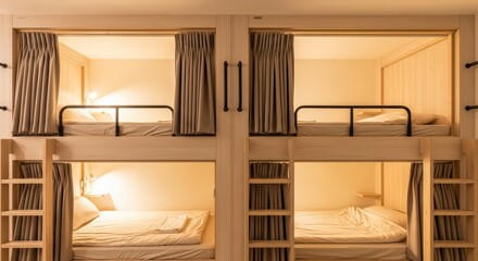 Modern wooden bunk bed design in cozy dormitory room interior with soft lighting