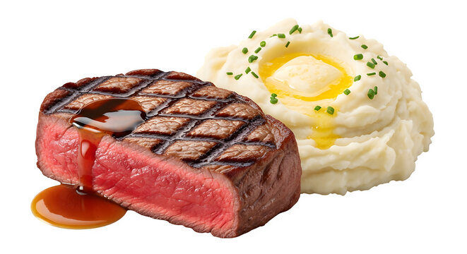 Grilled beef steak with sauce and mashed potatoes, isolated on transparent background - Powered by Adobe