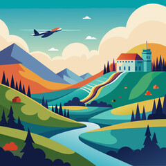 Naklejka premium Stunning vector art of airplane flying over scenic landscape, perfect for travel ads and tourism campaigns, vibrant colors and modern design create a feeling of adventure and escape