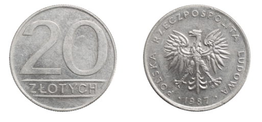 twenty Polish zloty coin on white isolated background