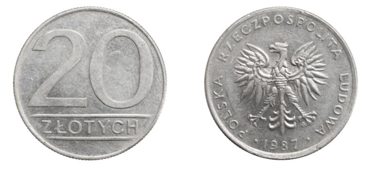 twenty Polish zloty coin on white isolated background