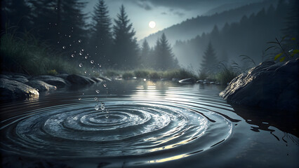 Water ripples and droplets in a dark forest pond with a full moon and misty pine trees in the background
