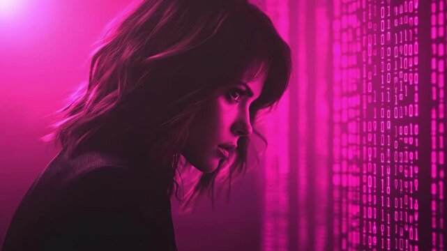 Young woman in dark room with digital code and neon pink light
