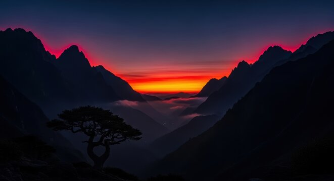 Dramatic sunset over a mountain valley with a lone tree and misty clouds