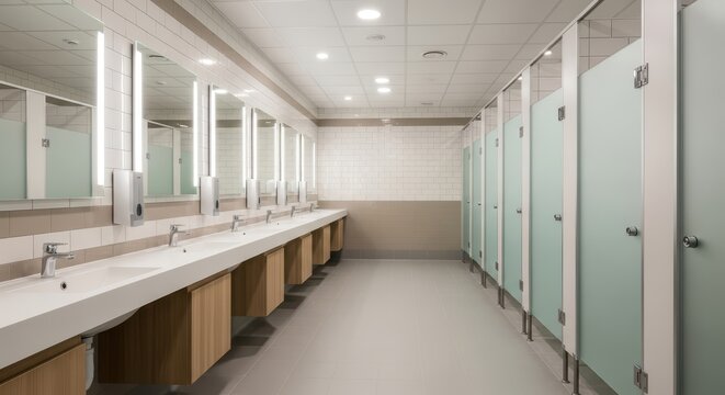 Modern public restroom with sinks and stalls in bright, clean, tiled interior