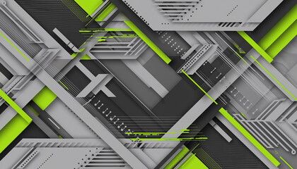 Dynamic abstract geometric pattern with vibrant green, black, and grey futuristic shapes and lines