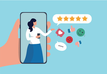 Customer experience, CX or UX user experience, feedback or comment, opinion on product and service, user satisfaction positive or negative feedback concept, woman on mobile giving experience rating.