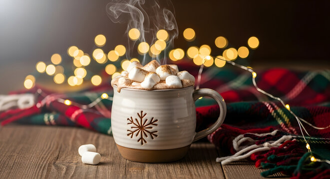 Hot Cocoa Mug Topped with Marshmallows Cozy Blanket and Twinkling Lights Creates Warm and Inviting Scene on Wooden Surface During Winter Season - Powered by Adobe