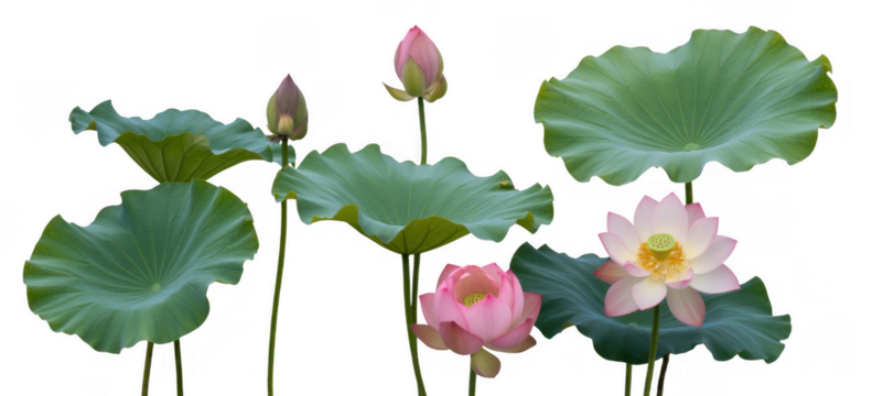 Pink lotus flowers and green leaves on black background isolated on a transparent background